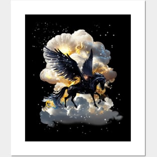 Mythical Pegasus black horse wings night clouds splash watercolor fantasy magical tale romance illustration Birthday idea Party Posters and Art